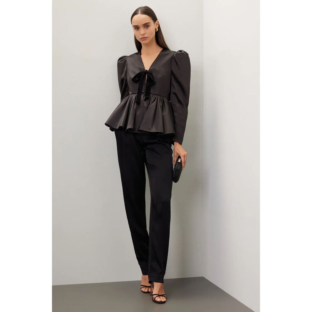 Osmana Yousef Zada Black Satin Peplum Top Puff Sleeve Size 14